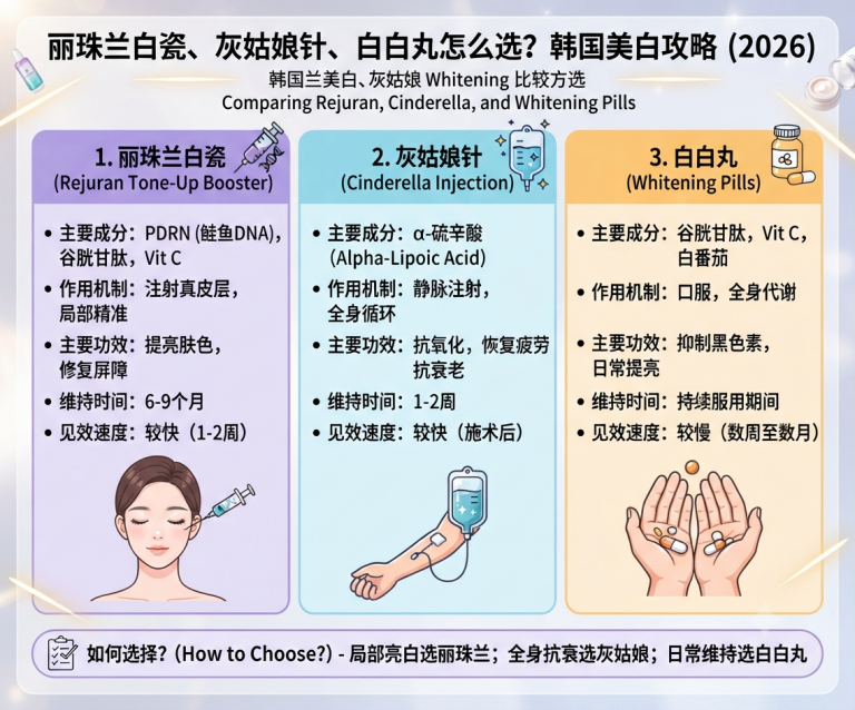 丽珠兰白瓷、灰姑娘针、白白丸怎么选？韩国美白项目完整对比攻略（2026年最新）